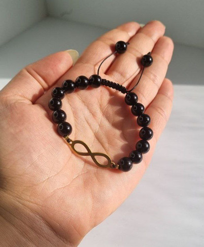 دستبند پلاک بینهایت و سنگ تورمالین سیاه